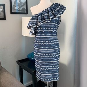 Parker One shoulder ruffle sleeveless knee length sheath dress sz med